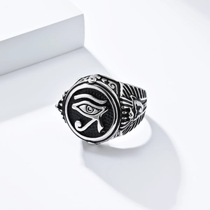 Vintage stainless steel Egyptian Eye of Horus ring with antique silver finish for men