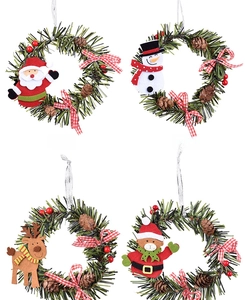 Set of 4 Christmas wreaths with Santa, Snowman, Reindeer, and Bear dolls on white backdrop