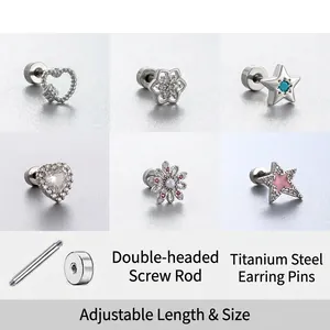 Titanium Steel Zircon Ear Bone Piercing Stud Earrings Dainty Heart Star Flower Shape Screw Back Helix Jewelry