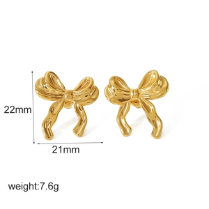 Elegant 18k gold-plated stainless steel bow earrings with dimensions and weight info