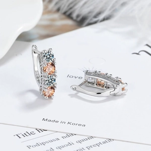 S925 sterling silver hoop earrings with clear and champagne zircon stones in a pair