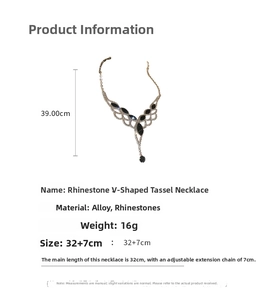 Detail view of v-shaped tassel necklace with black rhinestones and size measurements