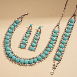 Bohemian silver alloy jewelry set with turquoise beads and crystals on necklace and earrings