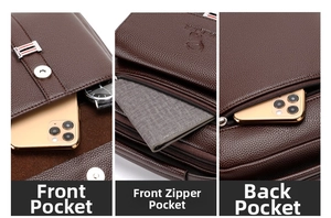 Detailed view of dark brown textured leather bag featuring multiple zip and magnetic pockets
