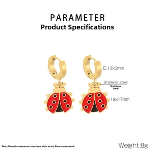 Detailed view of gold stainless steel ladybug earrings showing size 13x3mm and 19x17mm