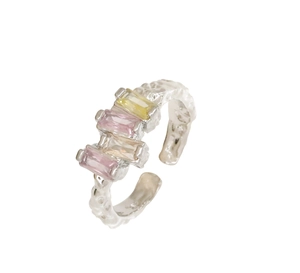 Irregular silver geometric ring with colorful pink and yellow gemstone inlays