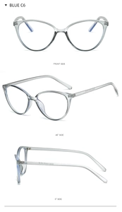Detailed views of cat-eye anti-blue light glasses frame in transparent blue gray finish