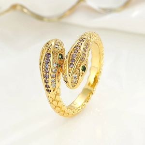Retro double-headed snake ring with colorful zircons and golden scale texture