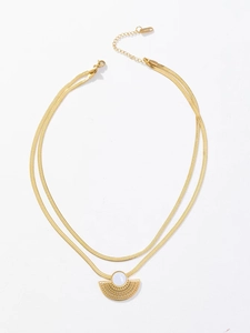 Golden double layer stainless steel necklace with round white shell and fan shaped pendant
