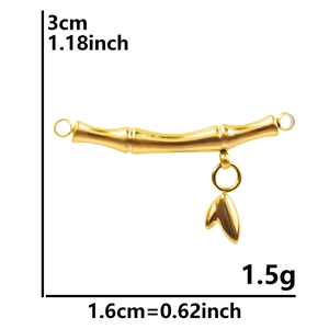 Detailed dimensions of gold bamboo-shaped link with leaf charm in stainless steel