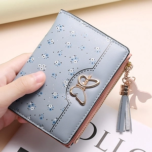 Women Short Wallet Floral Print PU Leather Multi Card Slots Butterfly Buckle Zipper Coin Pocket Tassel Fashionable