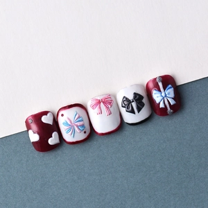 5D embossed bow nail stickers with deep red and white patterns for DIY manicure art