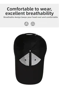 Detail view of black baseball cap featuring breathable mesh lining and adjustable metal buckle