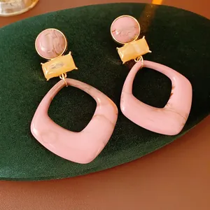 Geometrical Resin Drop Earrings With Silver Earring Post Pink Marble Texture Vintage Hollow Rhombus Alloy Jewelry For Women