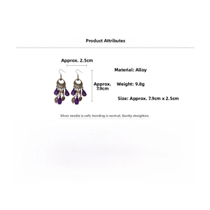 Detail view of vintage leaf drop earrings showing 7.9cm size and alloy material specs
