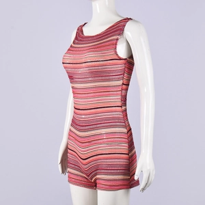 Detailed close-up of multi-color striped knitted fabric on a backless slim-fit romper