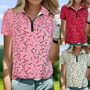 Detail of women's golf polo shirt featuring zip neckline and digital tee patterns