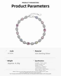 Detailed size chart of S925 sterling silver bracelet with multi-color cubic zirconia
