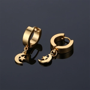 Golden moon and star stainless steel hoop earrings with elegant reflection