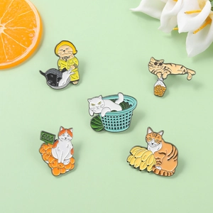 Detailed view of creative enamel cat pins featuring unique cartoon feline designs