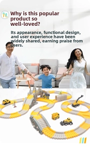 Construction track set with bridge, tunnel and four yellow engineering vehicles for kids