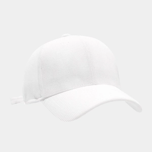 Detailed view of white corduroy baseball cap showing fine ribbed texture and curved brim