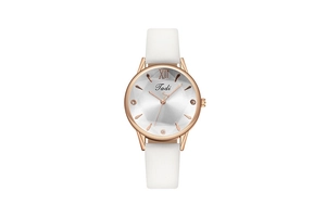 Detailed view of Tadi quartz watch with rose gold case and white leather strap