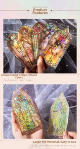 Macro detail of laser-cut PET stained glass window sticker with rose patterns