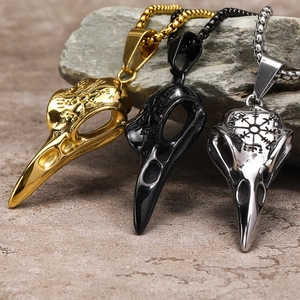 Raven Skull Pendant Necklace Stainless Steel Retro Nordic Viking Vegvisir Compass Gothic Hip Hop Men