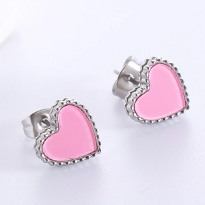 Chic pink heart stud earrings with silver beaded edges for women's fashion jewelry