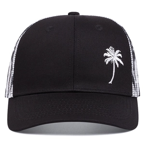 Black and white trucker hat with palm tree embroidery and breathable mesh back