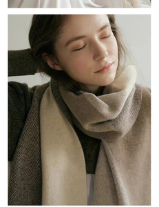 Close-up of thick beige and brown houndstooth knitted scarf texture on a model
