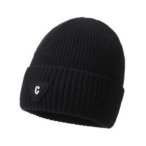 Classic black ribbed knit beanie with a C-logo patch for warm winter street style