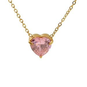 Pink heart-shaped zirconia necklace with a gold-plated chain shown on a white background