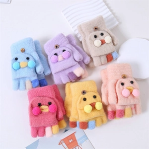Detailed close-up of knitted winter gloves with cartoon duck design in multiple colors