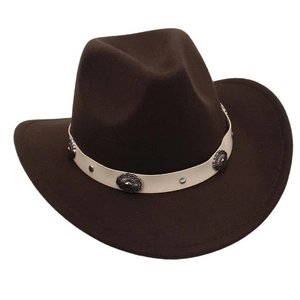 Detail of dark brown western cowboy hat with studded off-white decorative band