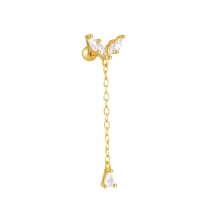 Detail of gold drop earring with marquise wing stones and a dangling teardrop zircon