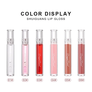 Set of 6 high-shine water mirror lip glosses featuring shades 01 to 06 in clear tubes
