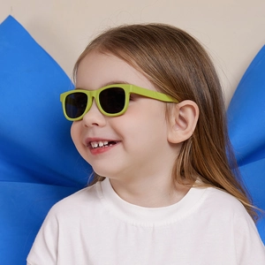 Neon green square frame sunglasses for toddlers with black lenses for sun protection