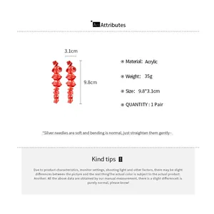 Size chart for irregular acrylic drop earrings showing 9.8cm length and material specs