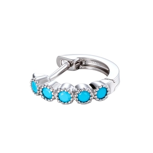 French vintage silver huggie earring with five inlaid round turquoise stones for women