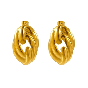 18K gold plated stainless steel twisted oval hoop earrings with a metallic finish