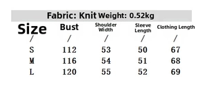 Detailed sizing chart for women's knit sweater featuring bust, shoulder, and sleeve lengths