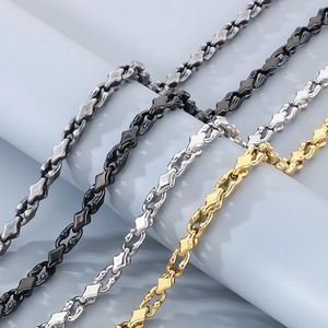 Detailed view of four stainless steel link chains in silver, black, and 18k gold finishes