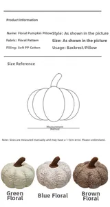Floral pumpkin plush pillows in green, blue, and brown with soft PP cotton filling detail