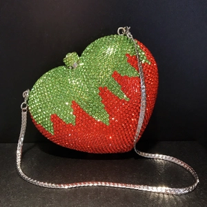 Red strawberry heart-shaped evening clutch bag with sparkling crystals and silver chain