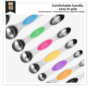 Detailed view of dual-sided stainless steel measuring spoons with colorful silicone handles