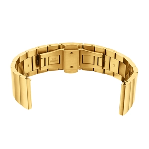 Detail of gold stainless steel watch band showing link structure and folding clasp