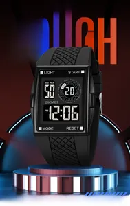 Detail view of rugged digital sports watch with black silicone diamond-textured strap