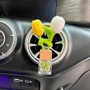 Handmade crochet tulip car aromatherapy ornament with glass bottle on air vent